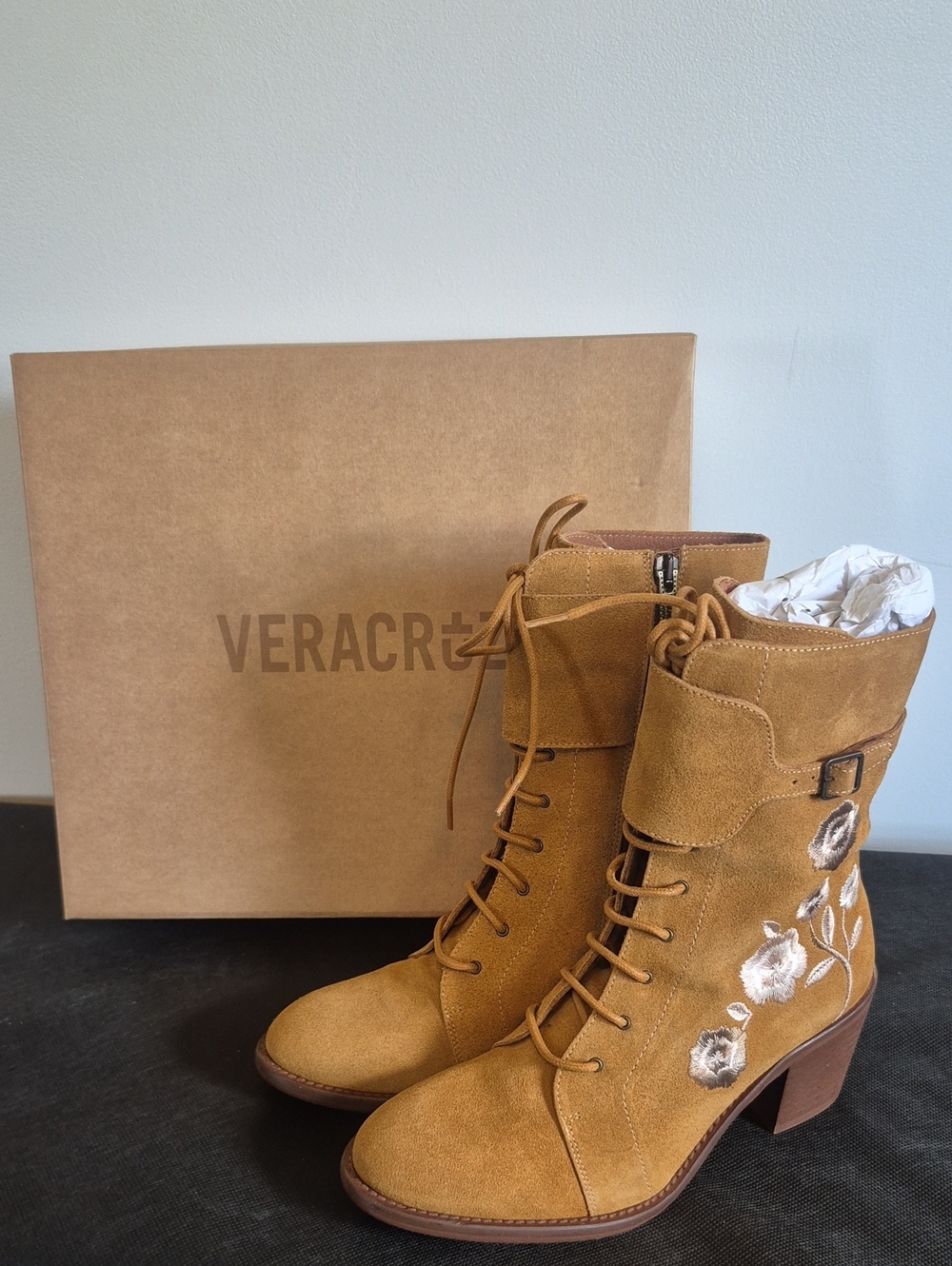 Sundance Catalog VERACRUZ Tan Suede Lace-Up Ankle Boots with Floral Embroidery 7